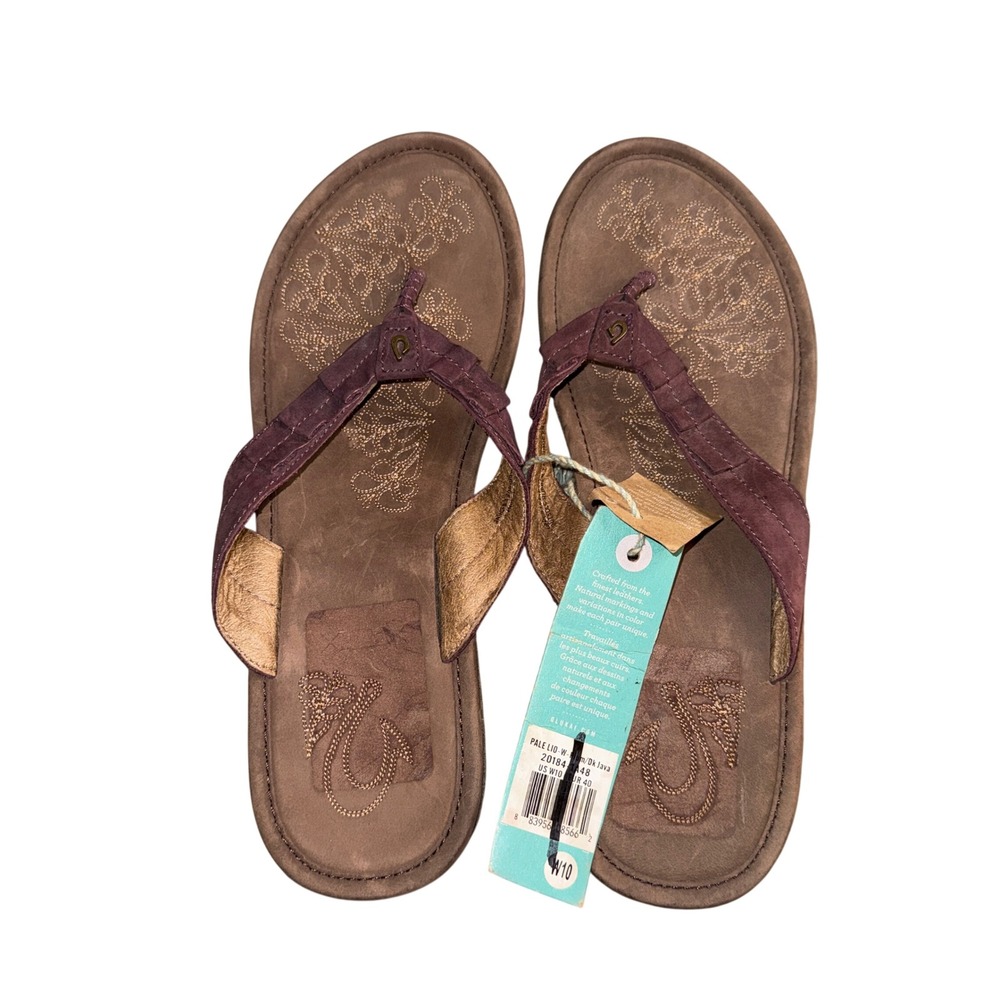 OluKai Pale Lio Wedge Sandals 10 Purple Leather Floral Platform 20184-1A48 NEW